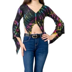 126. Tye-dye black multi Boho top
